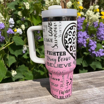 Breast Cancer Survivor Tumbler 40oz: Pink Ribbon Insulated Stainless Steel Travel Mug