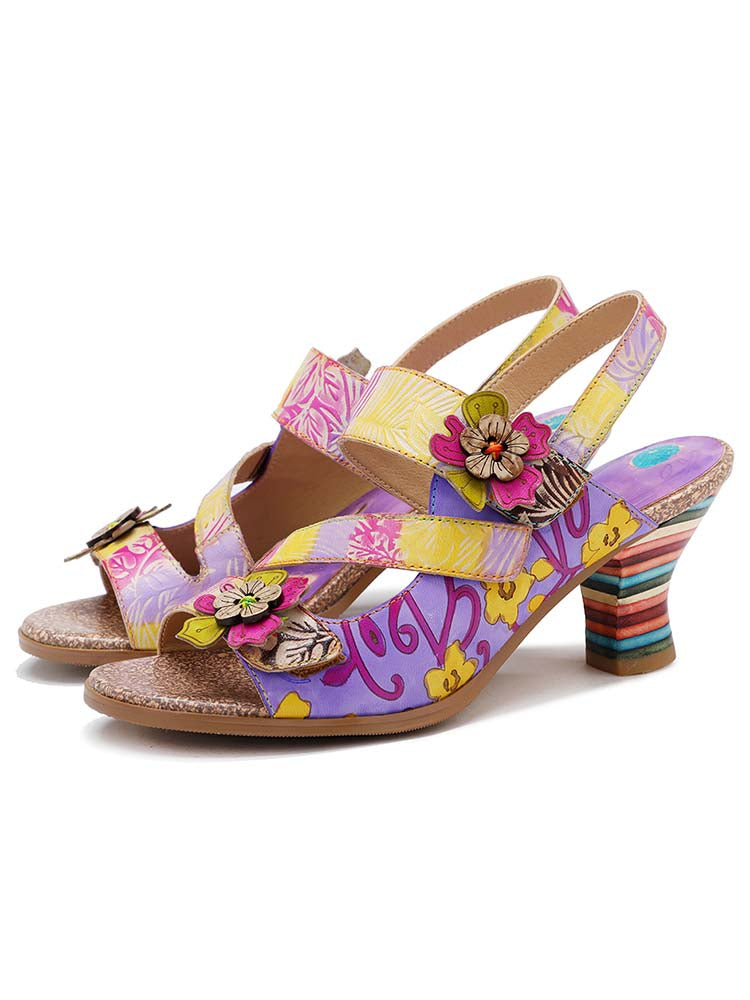 Handmade Leather Colored Stripe Heel Comfy Sandals