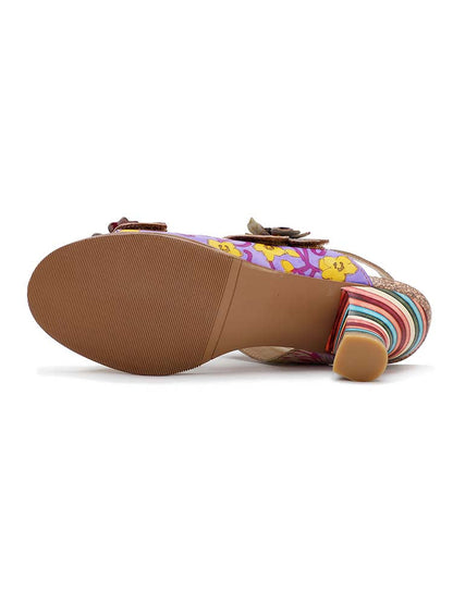 Handmade Leather Colored Stripe Heel Comfy Sandals