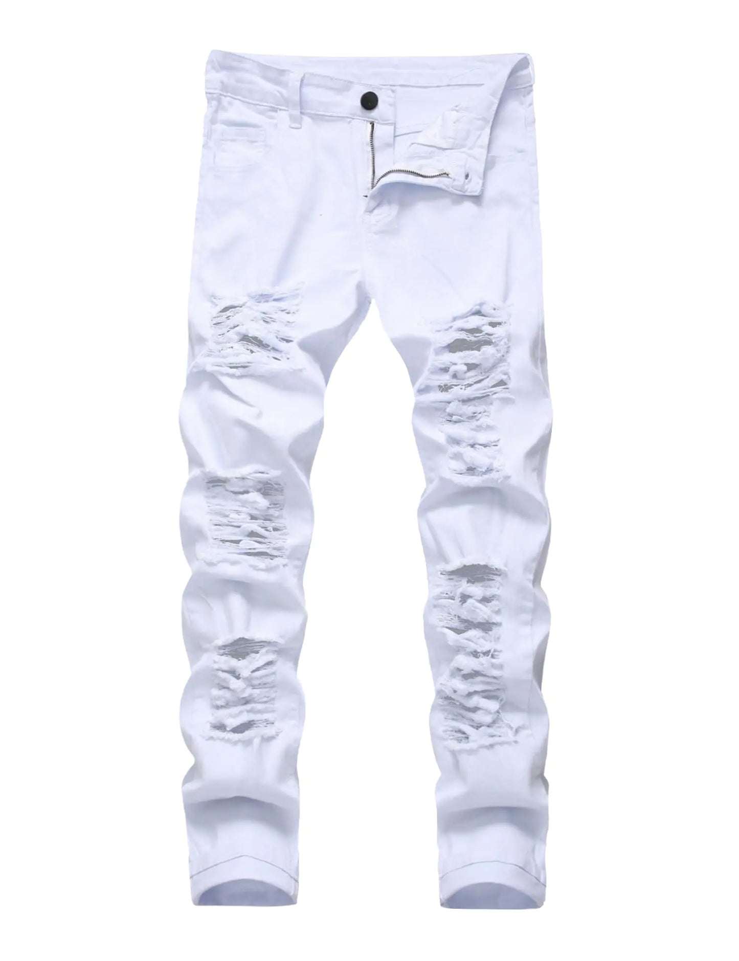 Mens Skinny Jean Stacked Classic Slim Fit Distressed Ripped Casual Hole Denim Pants White