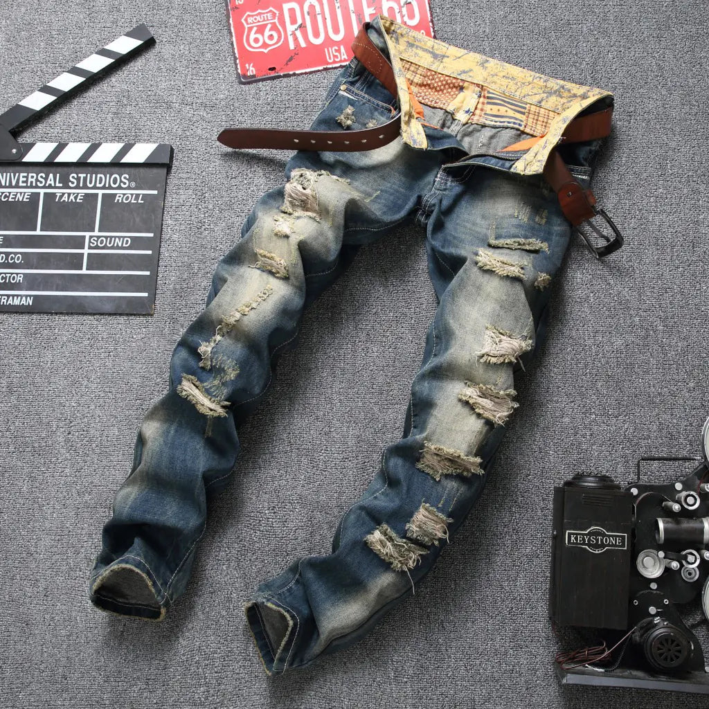 Men's Vintage Style Ripped Denim Jeans (Slim Fit)