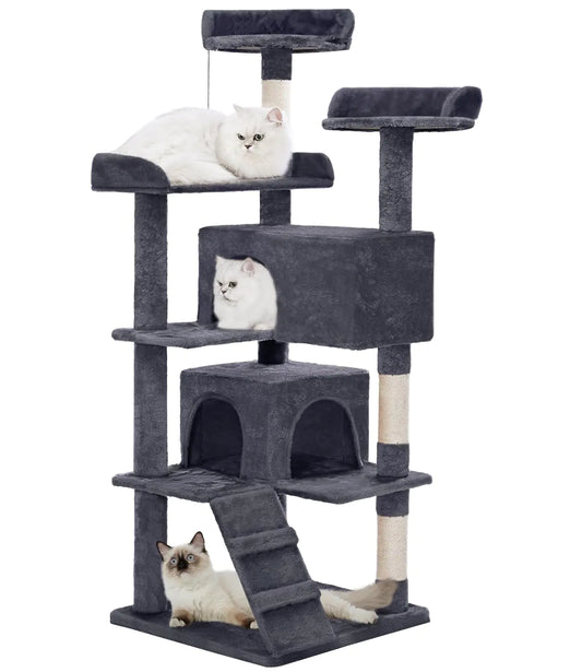 Made4Pets Cat Tree Tower 56in Cat Tower for Indoor Cats Kitten Tree Multi-Level Cat Tree with 2 Condo Furniture Activity Center with Scratching Posts Funny Toys Kittens Pet Play House Grey
