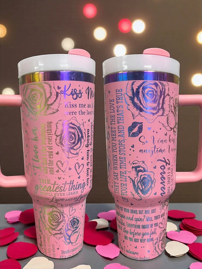 40oz Pink Floral Love Quote Tumbler with Handle