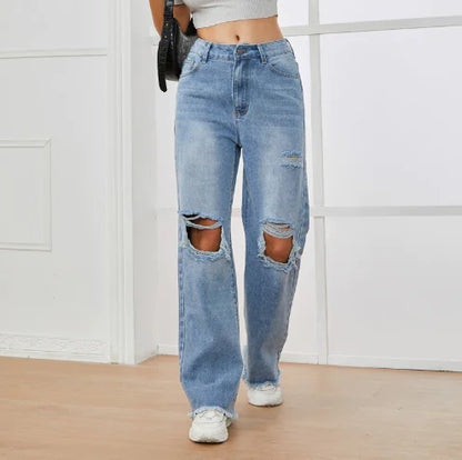 High Waist Ripped Trousers - Loose Straight Leg Denim