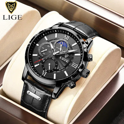 2023 New Mens Watches LIGE Top Brand Luxury Leather Casual Quartz