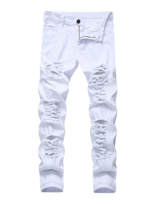 Mens Skinny Jean Stacked Classic Slim Fit Distressed Ripped Casual Hole Denim Pants White