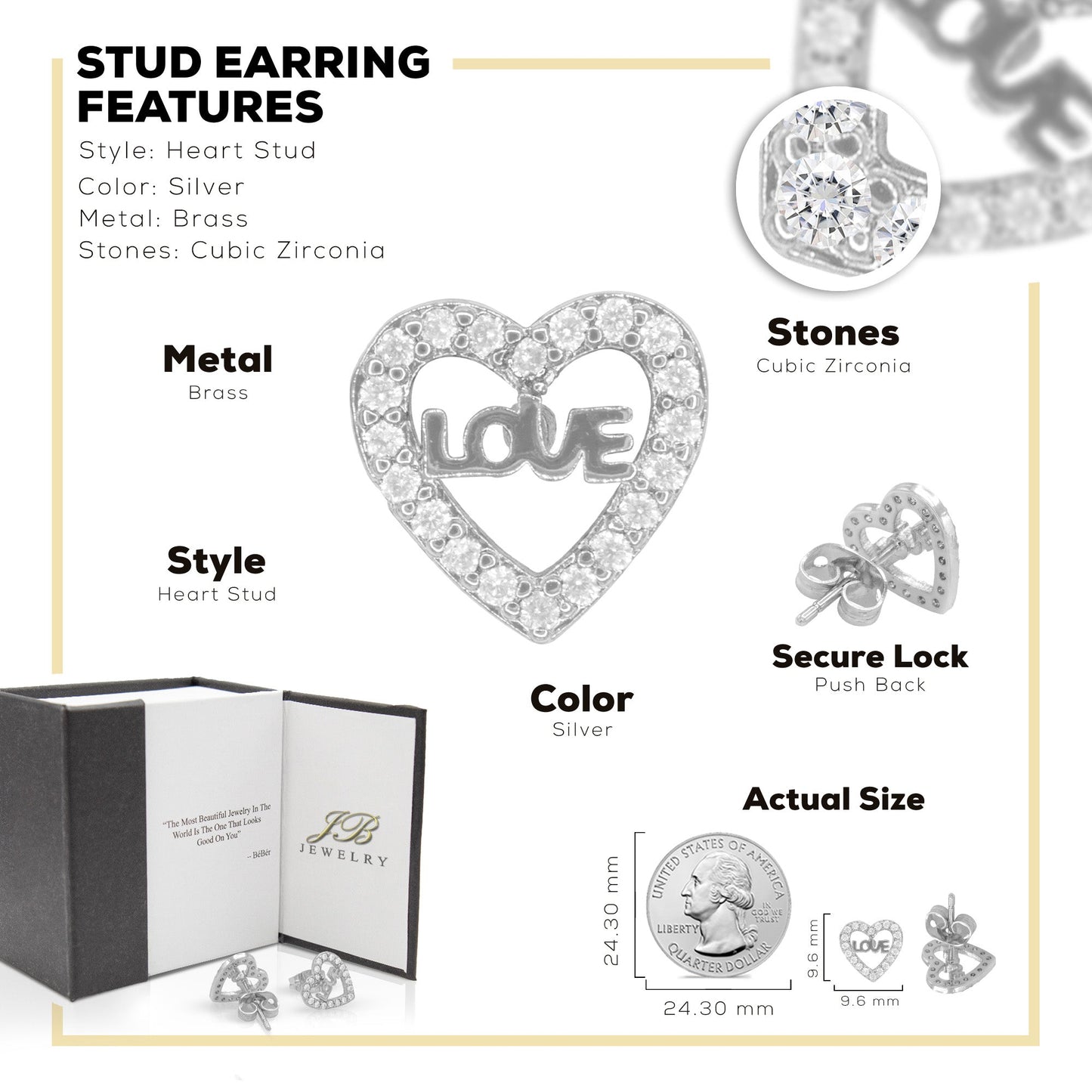 Heart 14 Cubic Zirconia Earrings 14K Gold Filled Silver Hip Hop Studs Jewelry Women