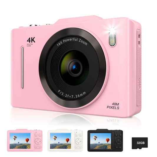 Digital Camera FHD 4K 48MP Point and Shoot Digital Camera for Kids with 16X Zoom 32GB Card Anti-Shake Compact Small Camera for Teens Boys Girls Beginner Kids Gift