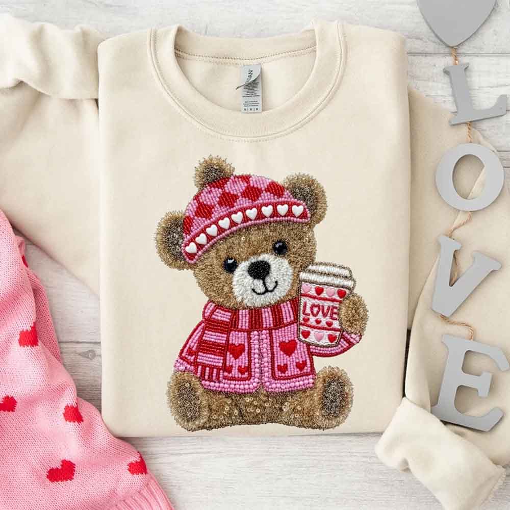 Love Coffee Teddy Valentine Sweatshirt – Furry Look 3D Print Sweater