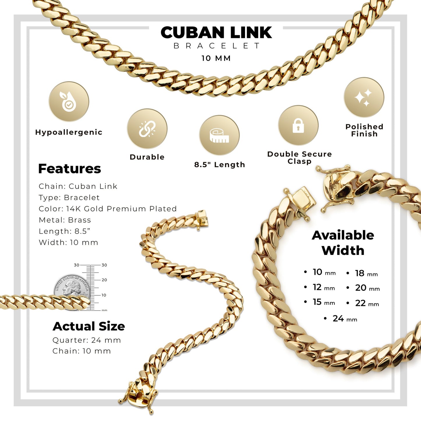 Miami Cuban Link Chain Bracelet 14K Gold Premium Plated 10-24mm Men Jewelry 8.5 inch
