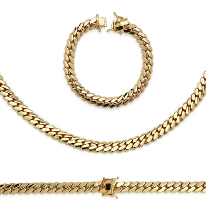 Miami Cuban Link Chain Set Necklace and Bracelet 14K Gold Premium Plated 10-24mm Men Jewelry 24 inch 8.5 inch