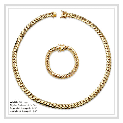 Miami Cuban Link Chain Set Necklace and Bracelet 14K Gold Premium Plated 10-24mm Men Jewelry 24 inch 8.5 inch