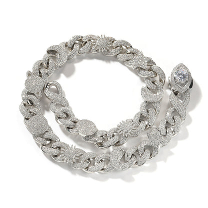 Hip-hop zircon-encrusted sun, star and eye necklace