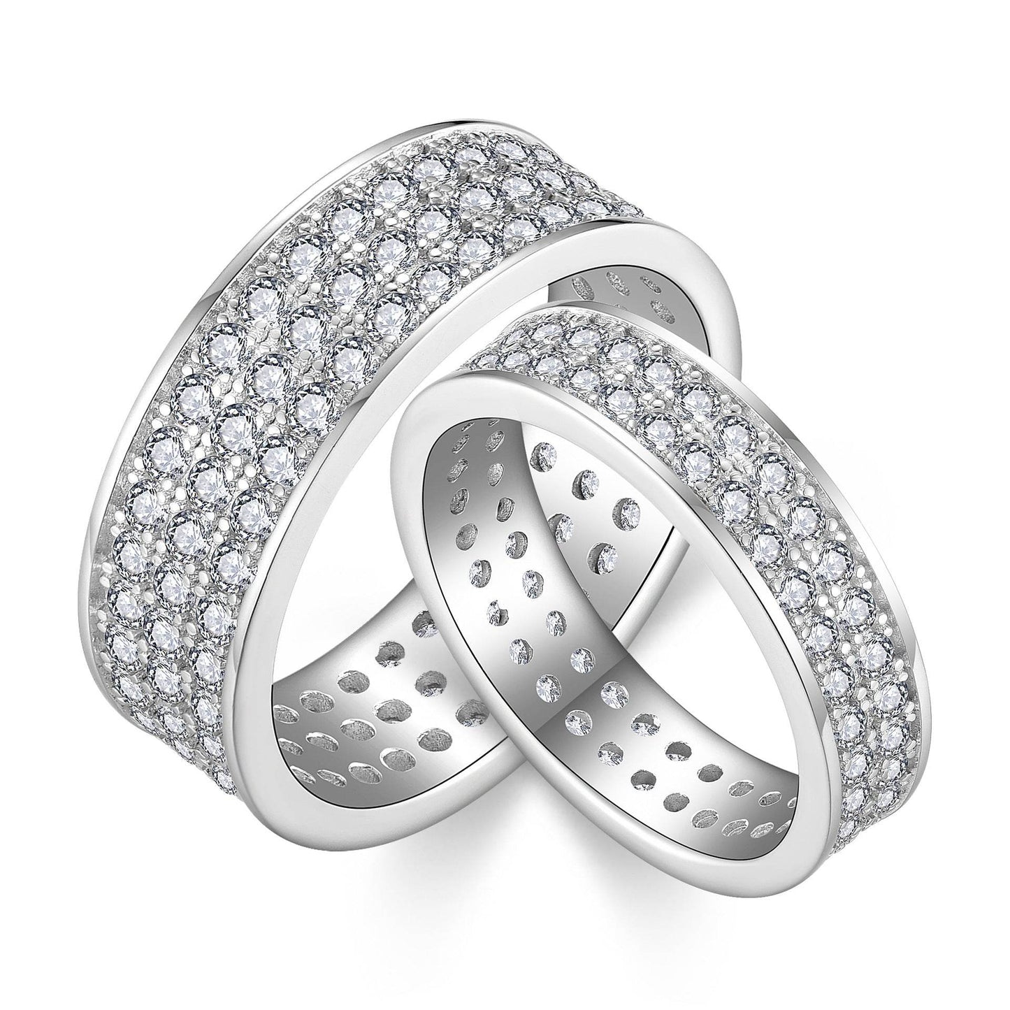 S925 Moissanite Matching Couple Eternity Bands Wedding Rings, Two-Row 1ct & Three-Row 1.8ct, D-Grade VVS, 18K White Gold Plated Unisex Rings