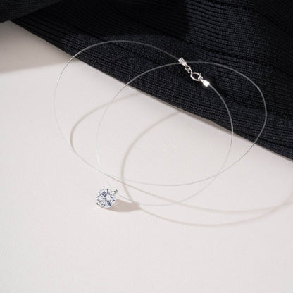 Sterling Silver Moissanite Pendant Necklace – Invisible Floating Dainty Choker, Adjustable 15.7in + 2in (0.5–3ct), Mermaid Tear Design