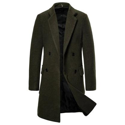 Men's Double-Breasted Casual Woolen Trench Coat