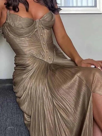 Antique Gold Low Back Lace-Up Party Dress