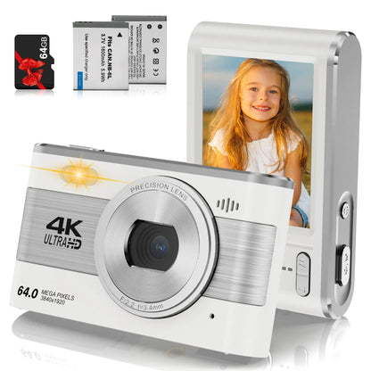 Digital Camera Full HD 4K Kids Digital Camera 64MP Compact Digital Camera with 64GB Card 18X Digital Zoom Point and Shoot Camera Portable Camera for Teens Students Boys Girls Seniors（White）