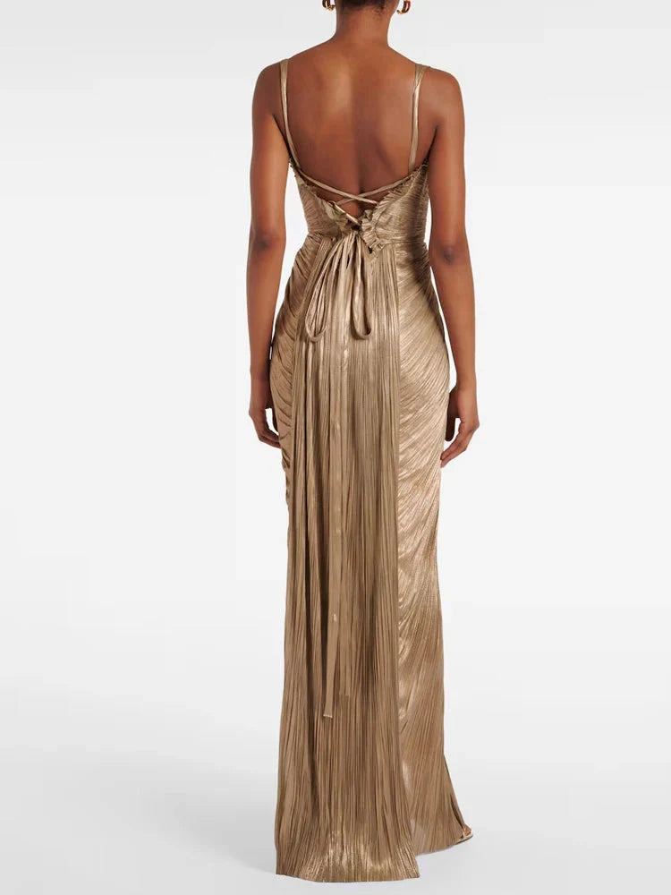 Antique Gold Low Back Lace-Up Party Dress