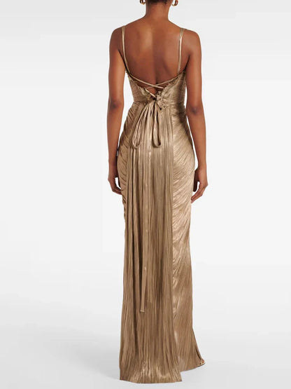 Antique Gold Low Back Lace-Up Party Dress