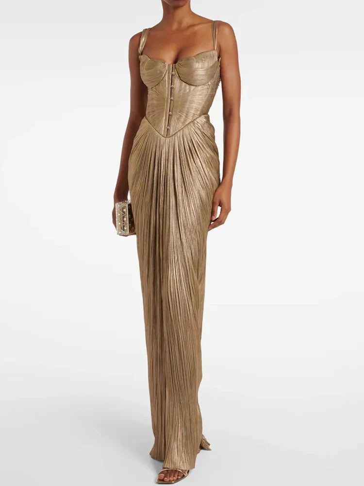 Antique Gold Low Back Lace-Up Party Dress