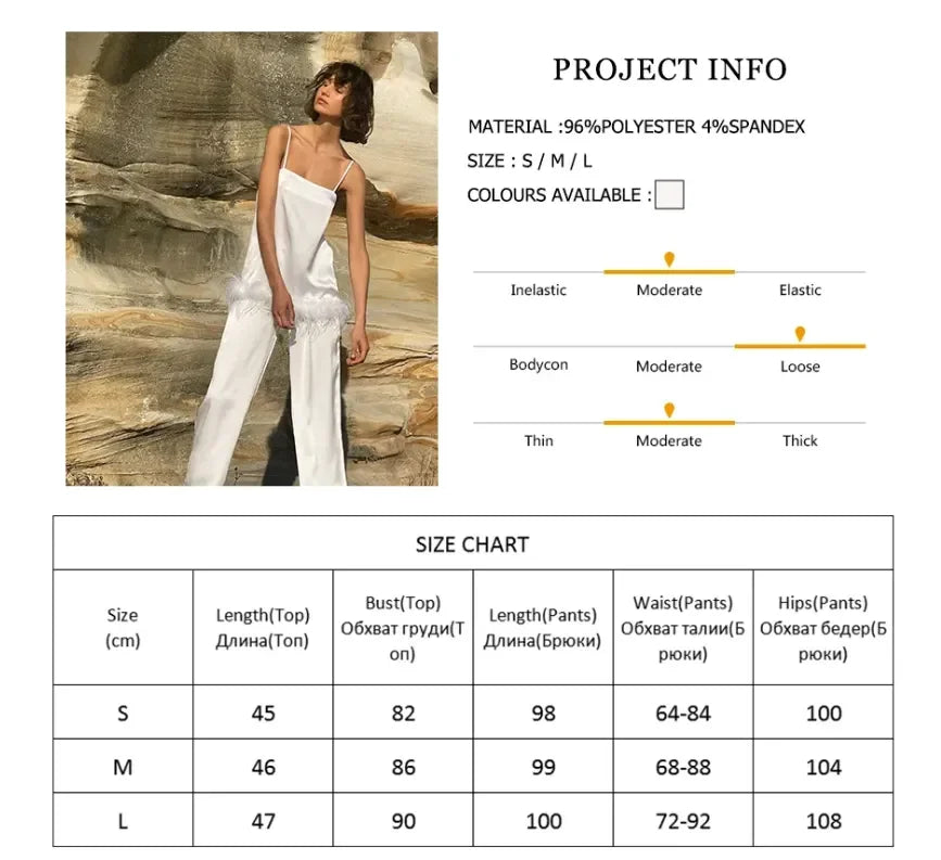 Silk Cami & Pants Set With Feather Details