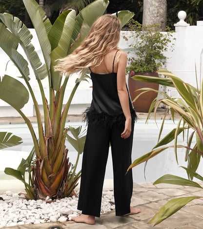 Silk Cami & Pants Set With Feather Details