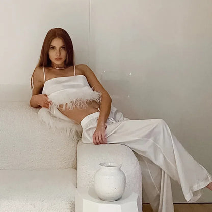 Silk Cami & Pants Set With Feather Details