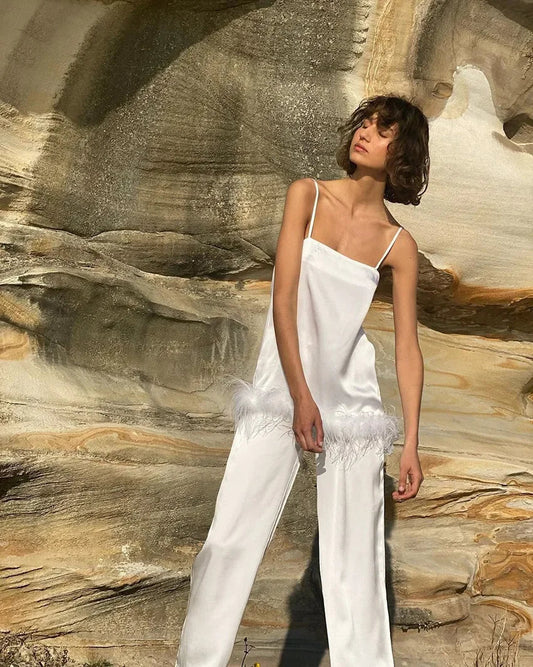 Silk Cami & Pants Set With Feather Details