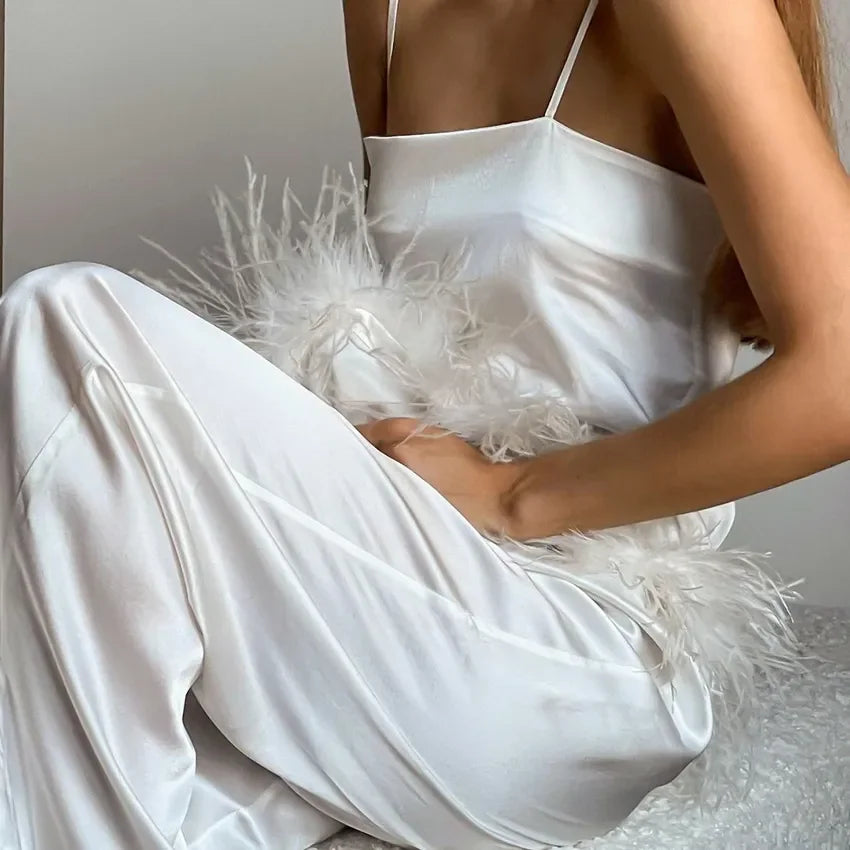 Silk Cami & Pants Set With Feather Details