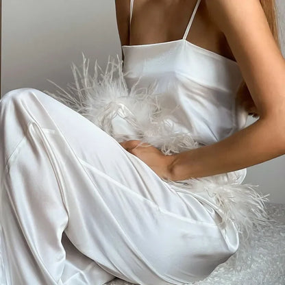 Silk Cami & Pants Set With Feather Details