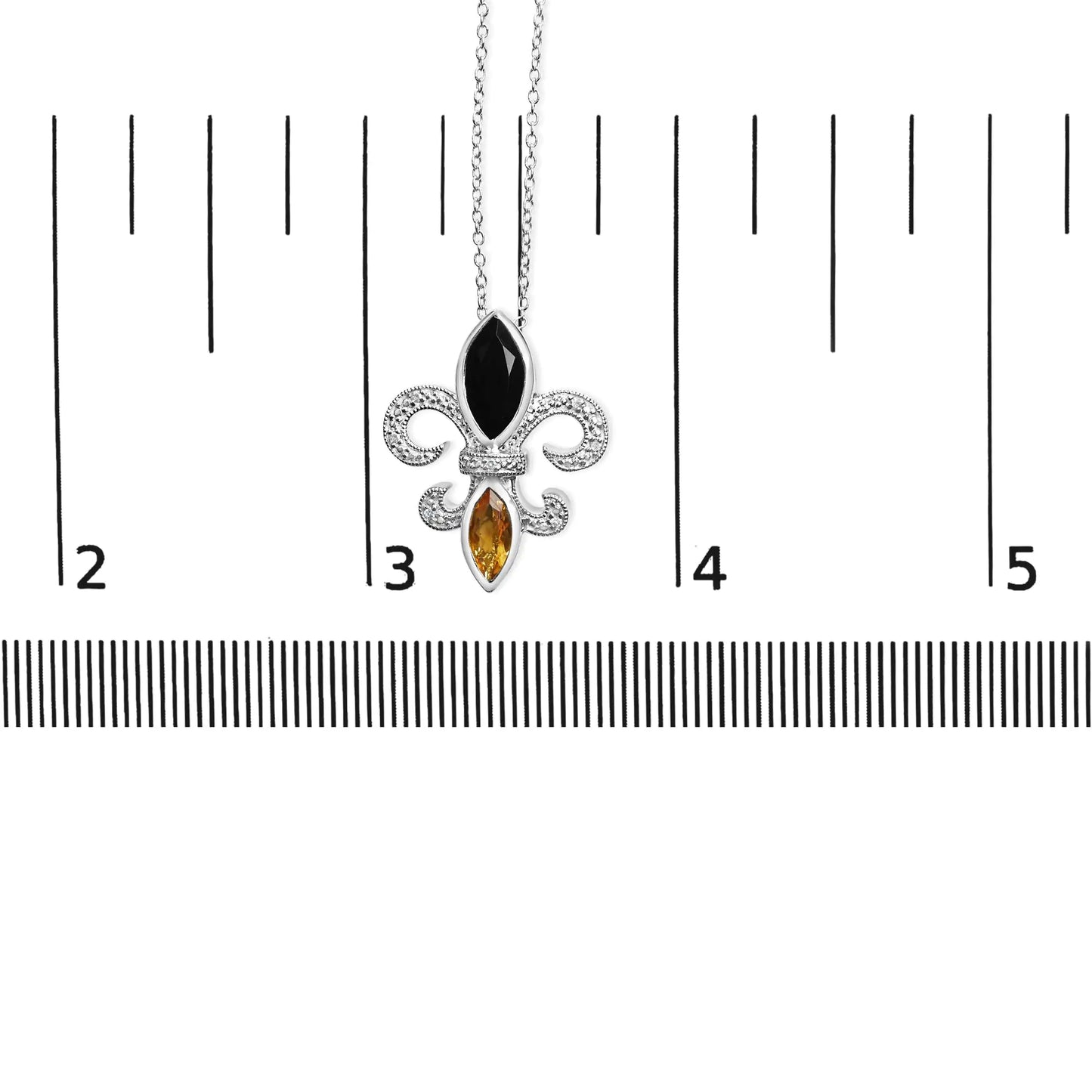 .925 Sterling Silver Marquise Onyx and Citrine and Diamond Accent Fleur De Lis Pendant Necklace (H-I Color, SI1-SI2 Clarity) - 18"