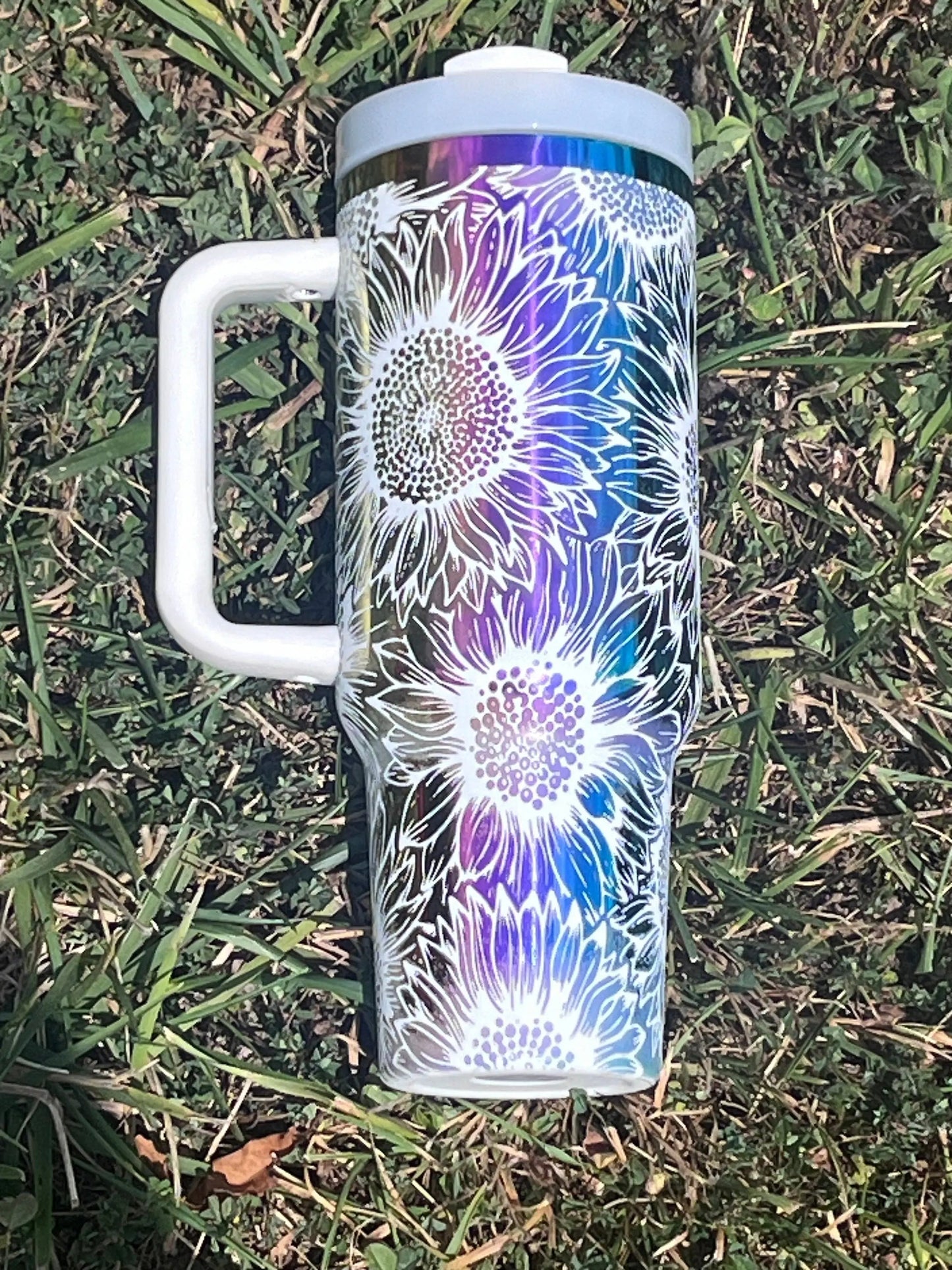 Rainbow Mirror Sunflower Tumbler - Laser Engraved 40oz