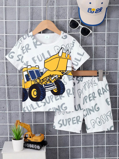 Children's Round Neck Cartoon Graphic T-Shirt and Shorts Set