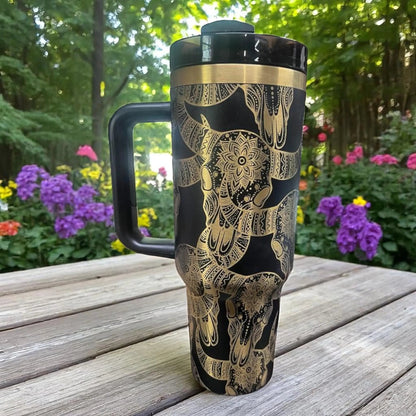 Engraved Gold Longhorn Skull Tumbler: Black Insulated 40oz Western Drinkware