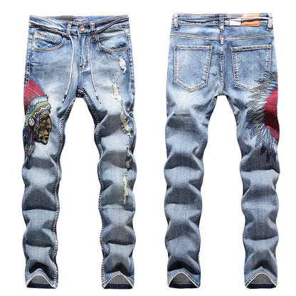 Embroidered Frayed Jeans for Men