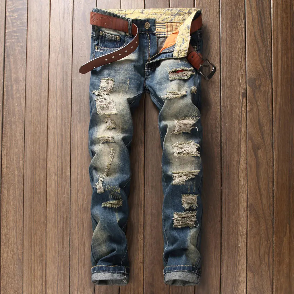 Men's Vintage Style Ripped Denim Jeans (Slim Fit)
