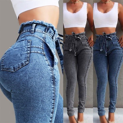High-Waisted Women's Skinny Jeans with Fringe Belt