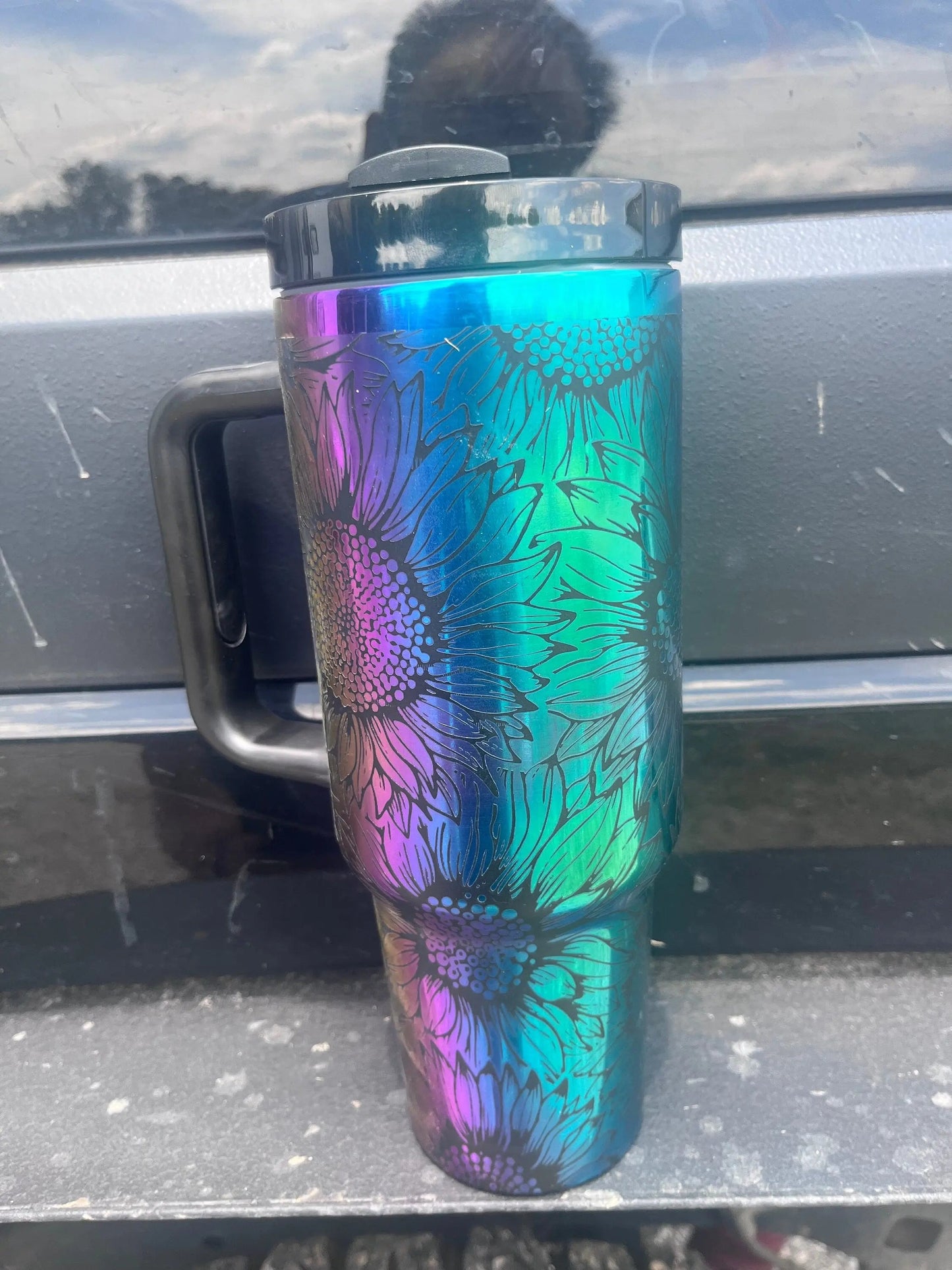 Rainbow Mirror Sunflower Tumbler - Laser Engraved 40oz