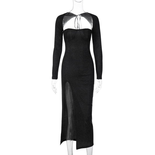 Hollow Out Slim Fit Slit Long Sleeve Dress