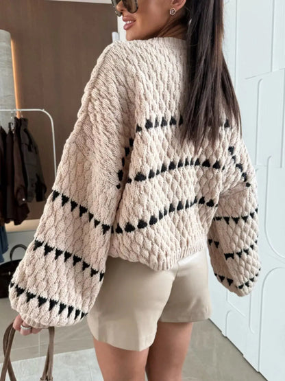 Striped Chunky Knit Sweater with Balloon Sleeves