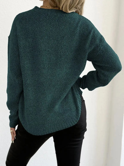 Round Neck Textured Knit Relaxed Fit Sweater