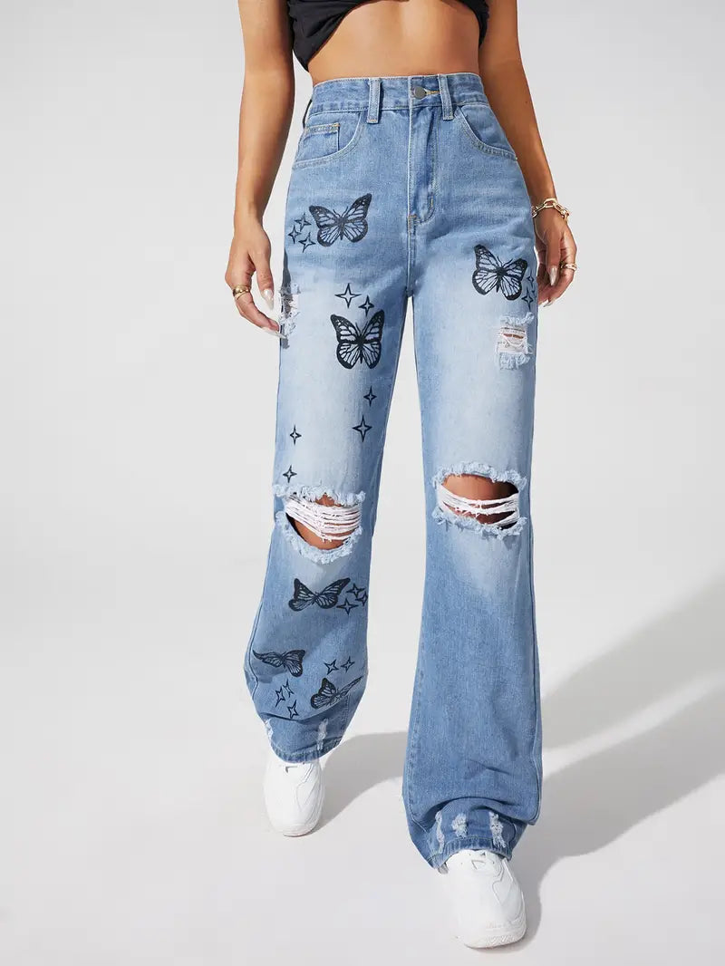 High Waist Blue Ripped Straight Jeans with Butterfly Pattern