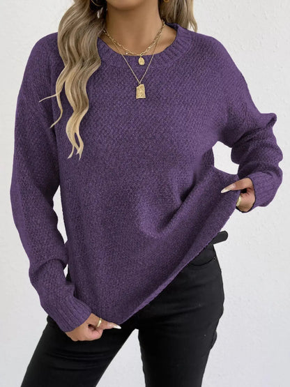 Round Neck Textured Knit Relaxed Fit Sweater