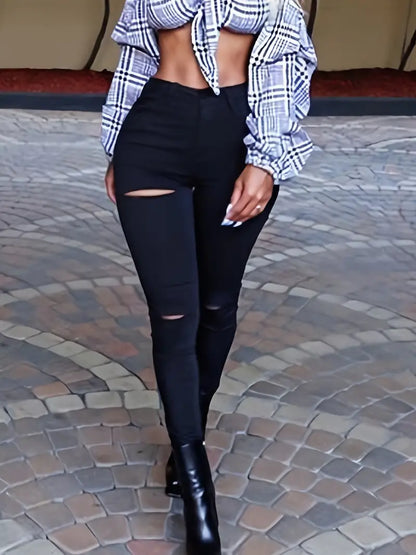 High Rise Curvy Ripped Black Skinny Jeans for Women
