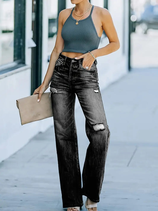 High Waist Ripped Straight Flared Denim Jeans for Women