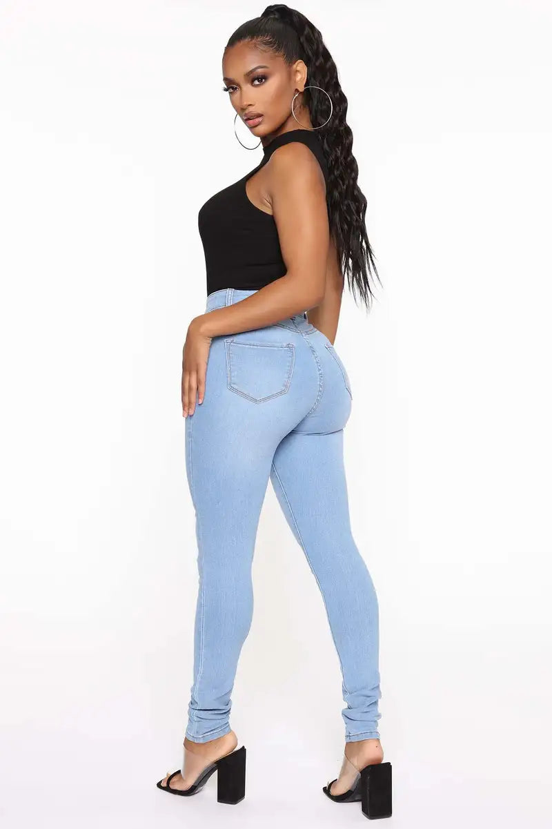 Light Blue High Waist Stretch Denim Skinny Jeans for Women