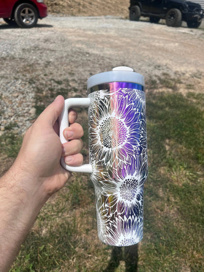Rainbow Mirror Sunflower Tumbler - Laser Engraved 40oz