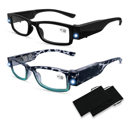 Reading Glasses with Lights Bright LED Readers Lighted Reading Glasses Magnifying Glasses with Light for Men Women Eyeglasses Lighted Magnifier Nighttime Reader Eyewear Lighted Eye Glasses(+150)
