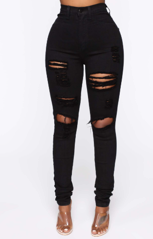 Black Raw Hem Skinny Jeans with Ripped Holes and Pockets